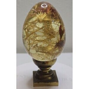 Vtg MCM Lucite Egg Paperweight with Plant Specimens Seeds Brass Stand